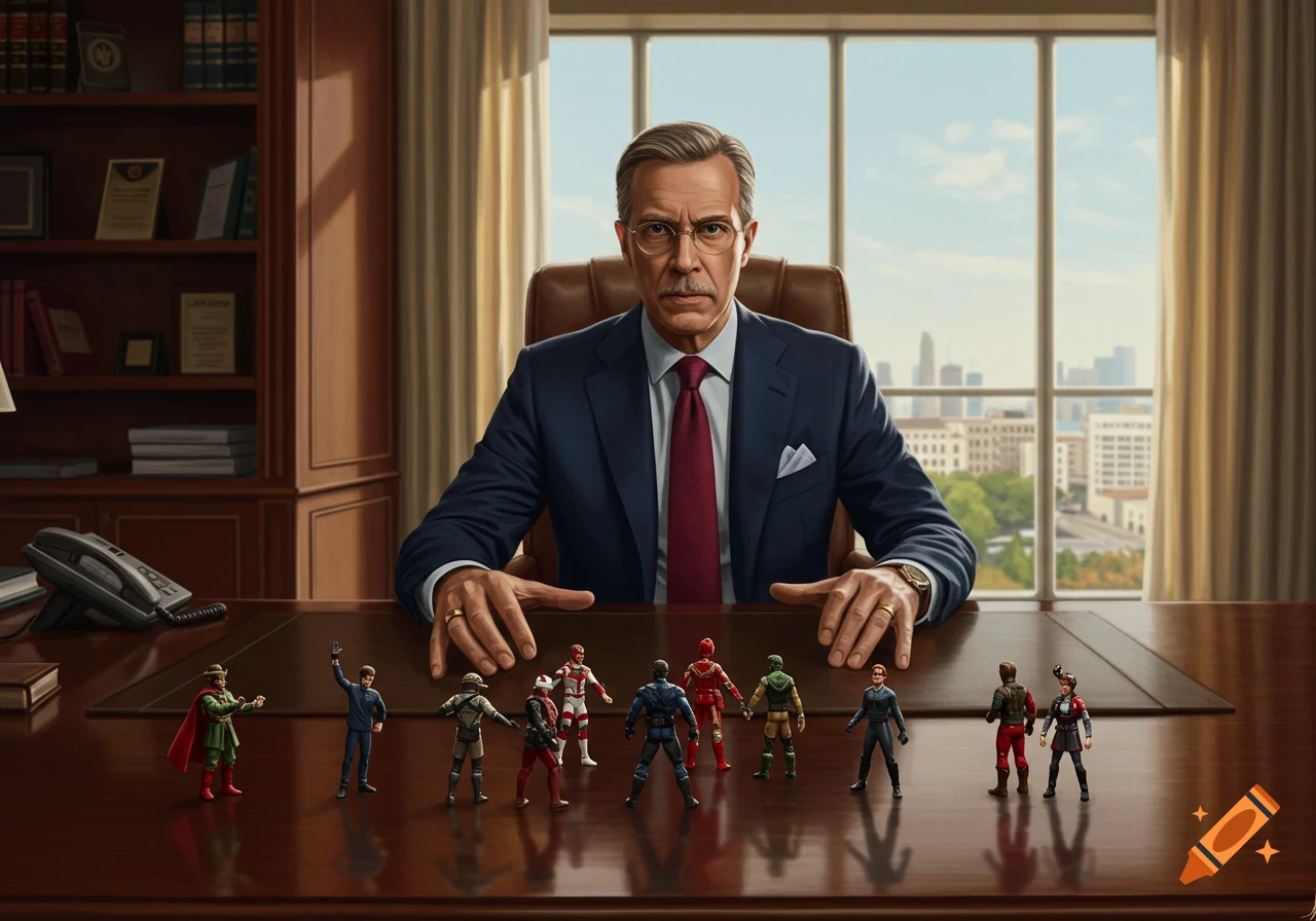 A serious-looking man in a suit sits at a large desk in an office, looking at a line of action figures on the desk. Photorealistic.