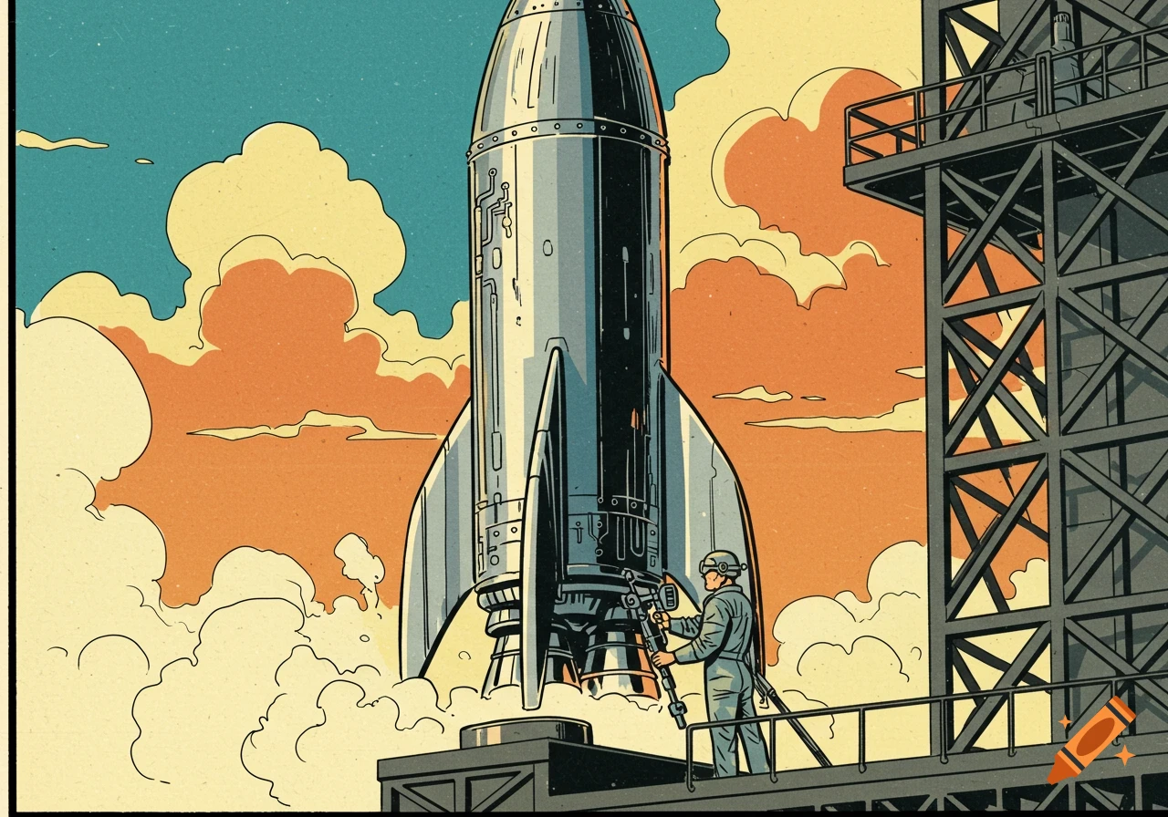 Retrofuturistic comic art of an engineer working on a rocket at a launchpad, with clouds of exhaust.