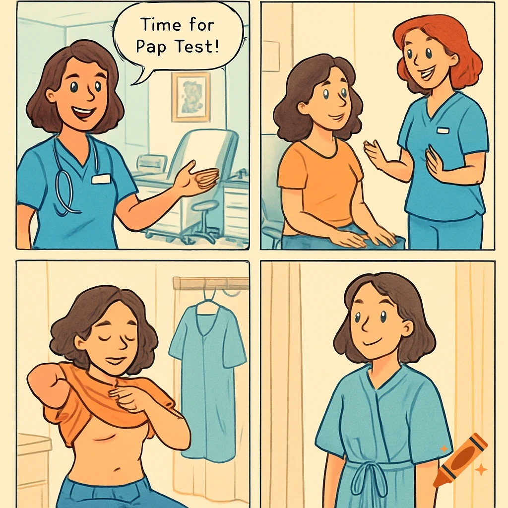 A four-panel cartoon comic shows a woman interacting with a doctor, then changing into a hospital gown for a Pap test.