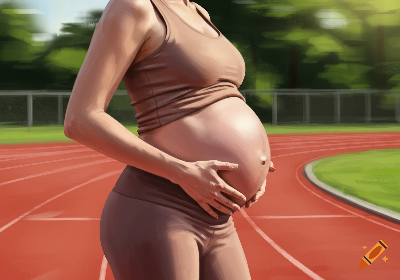 An illustration of a pregnant woman in a tank top and leggings, rubbing her belly on a running track.