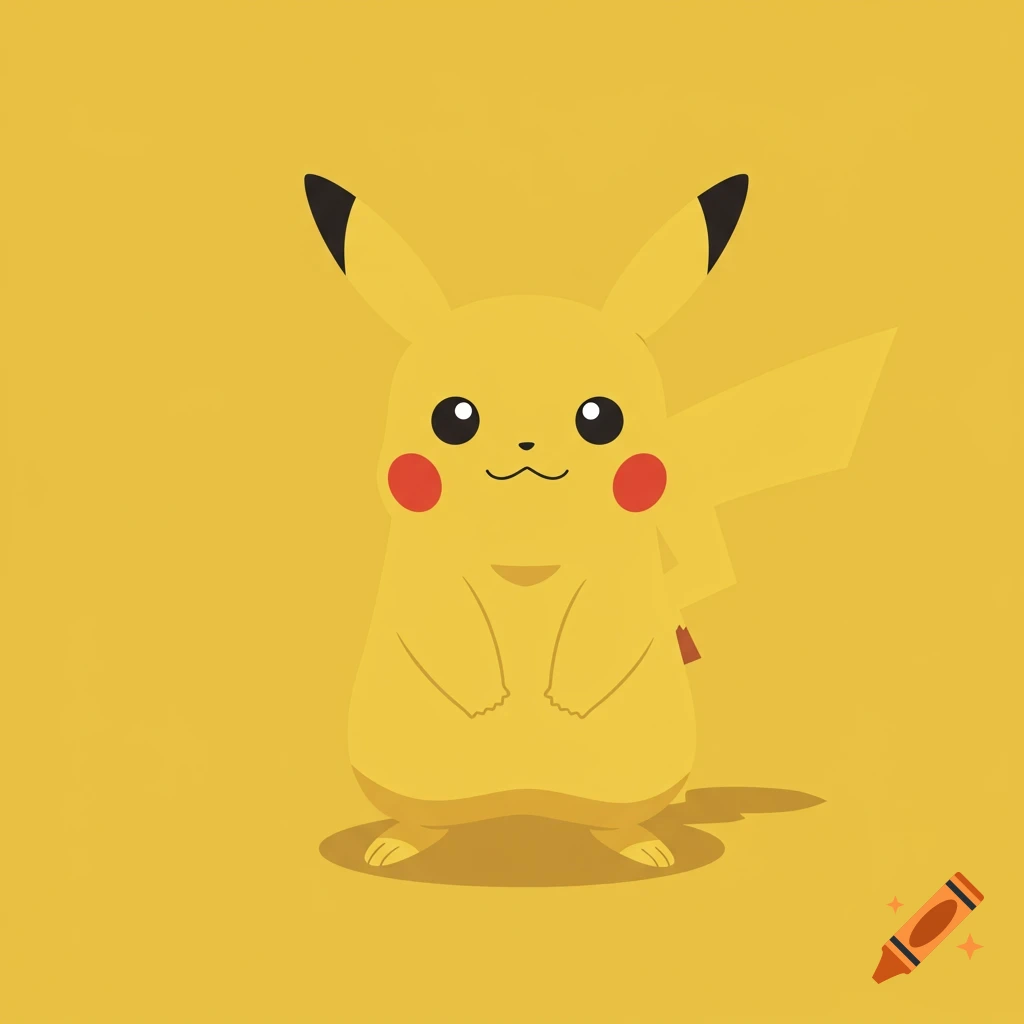 A simple flat-colored drawing of Pikachu with a subtle shadow on a solid yellow background.
