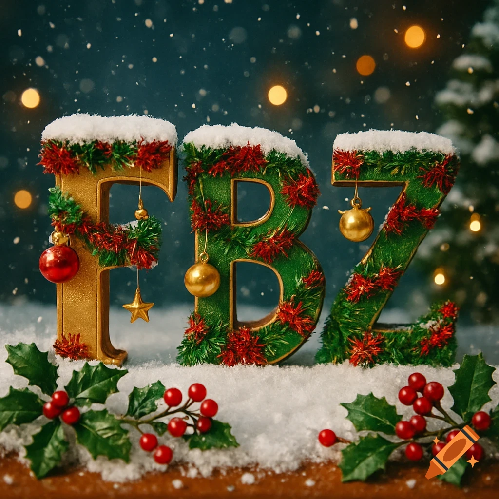 Christmas-decorated letters FBZ in snow with holly, berries, and ornaments, with blurred festive lights in the background.