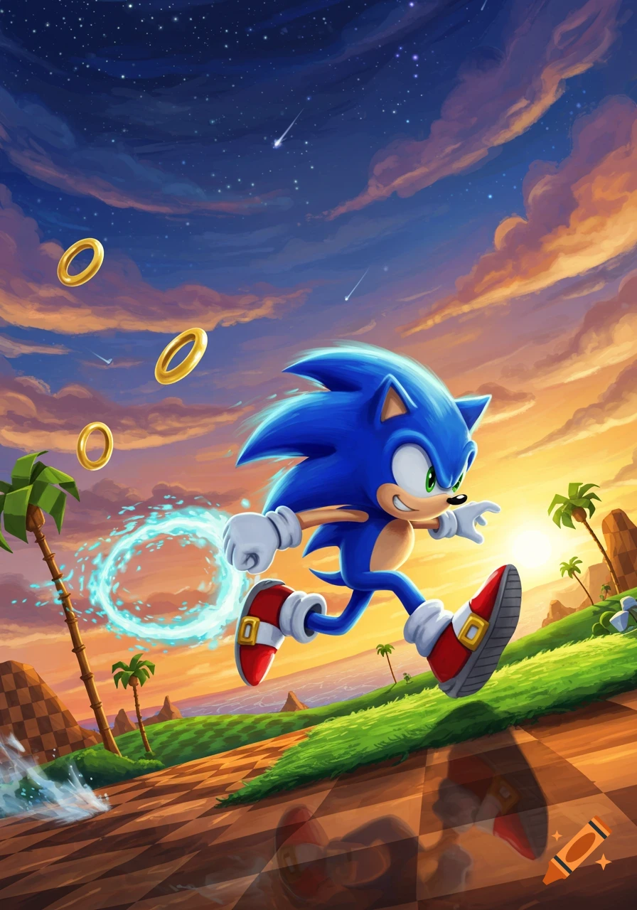 Sonic the Hedgehog runs across a checkered path with rings and palm trees, under a vibrant sunset sky with stars.