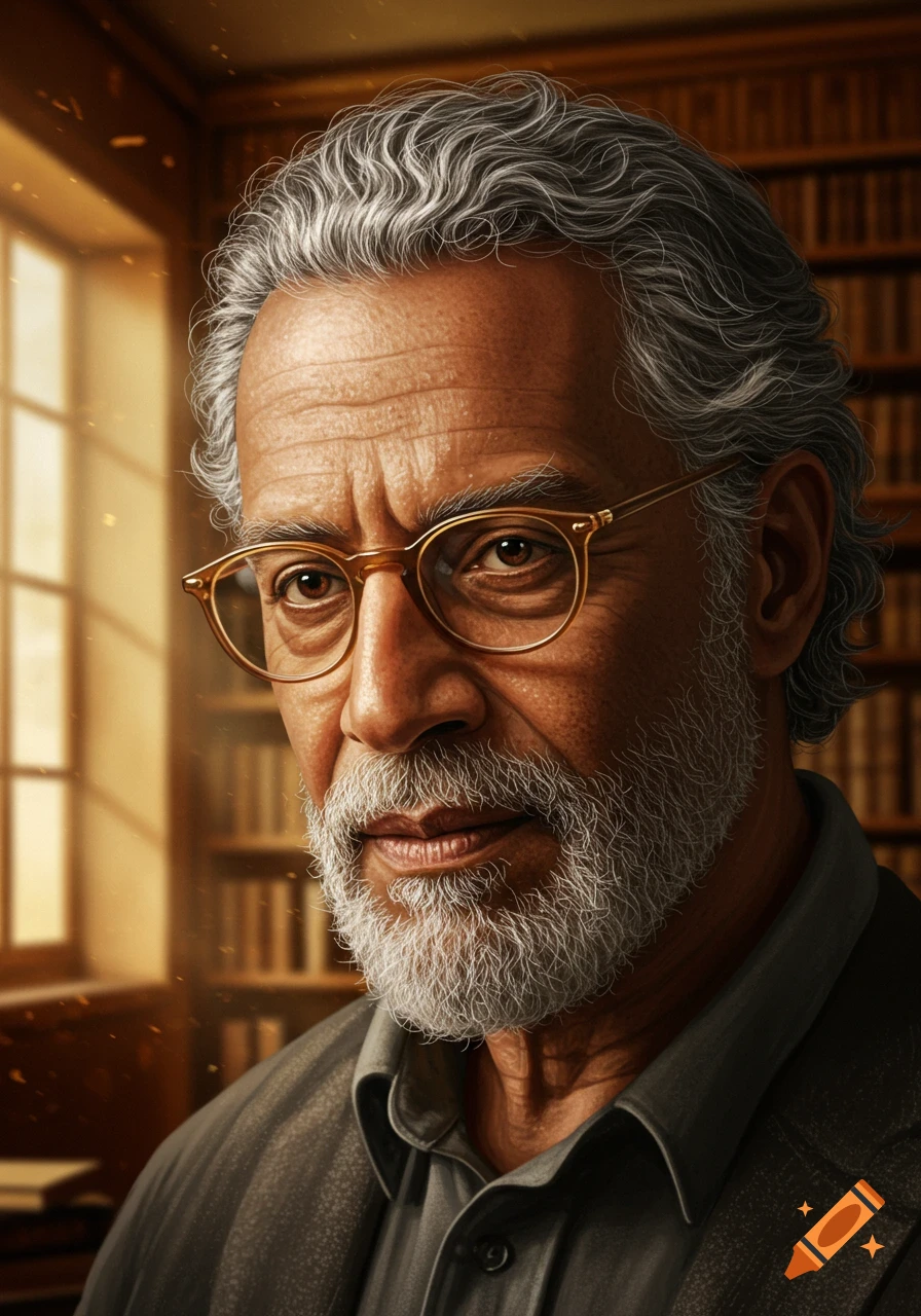 Photorealistic portrait of an older olive-skinned man with graying hair, beard, and butterscotch-framed glasses in a library.