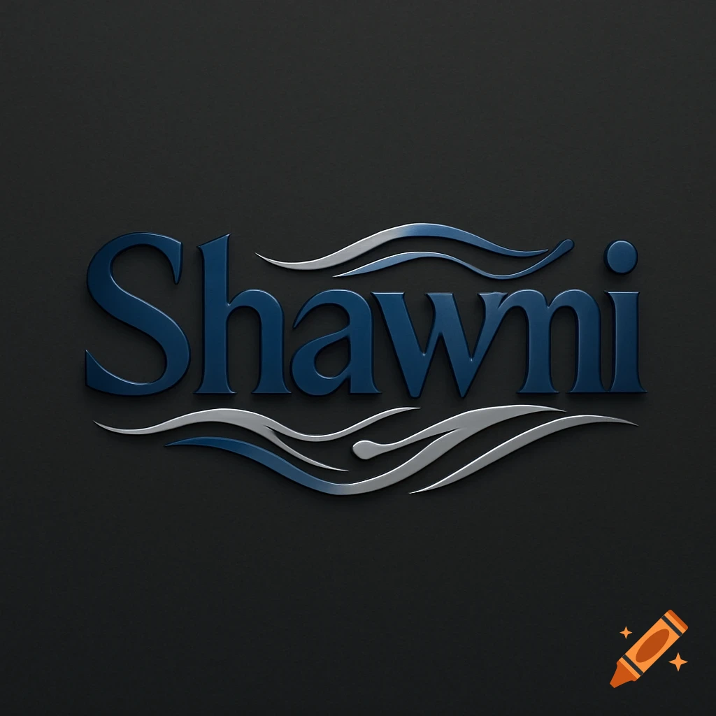 3D embossed blue logo for 'Shawmi' with swirling silver and blue wave lines on a dark grey background.