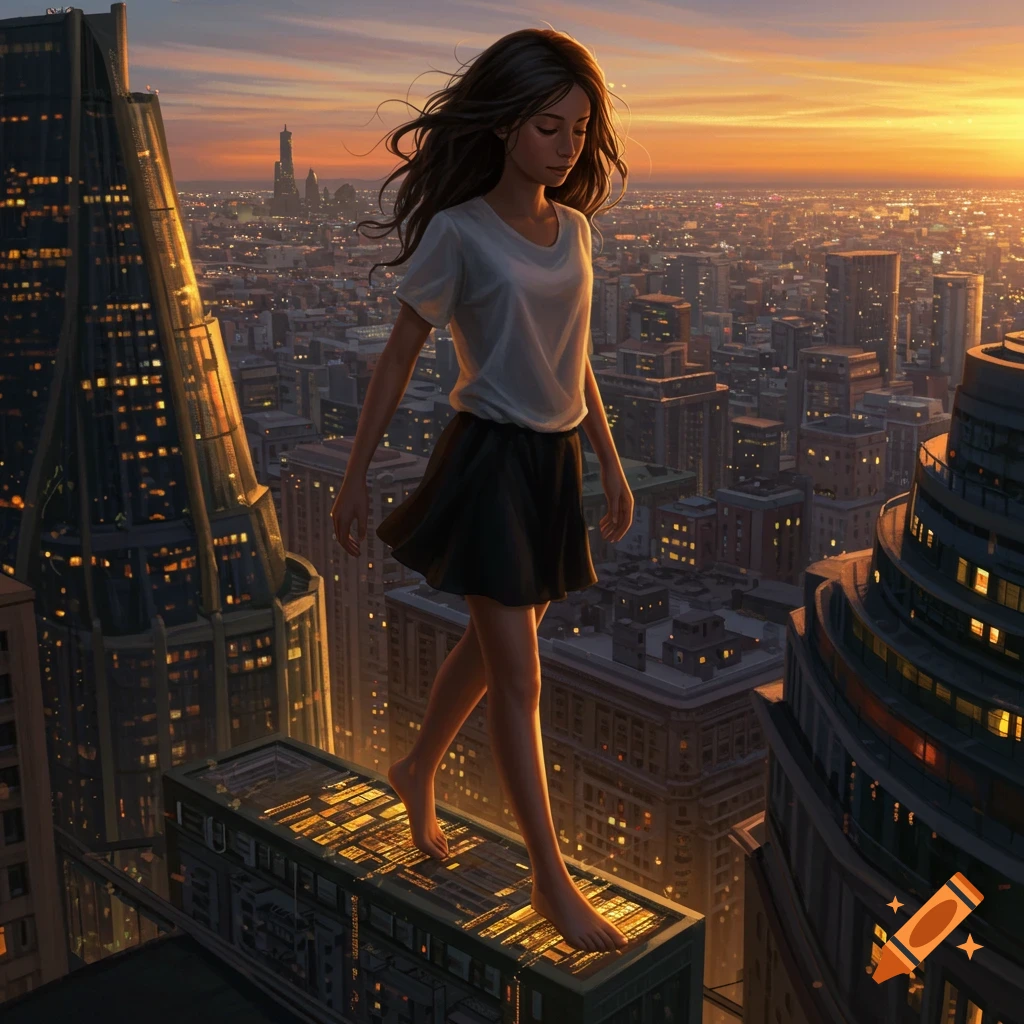 A young woman walks barefoot on a skyscraper rooftop overlooking a vast city at sunset, photorealistic.