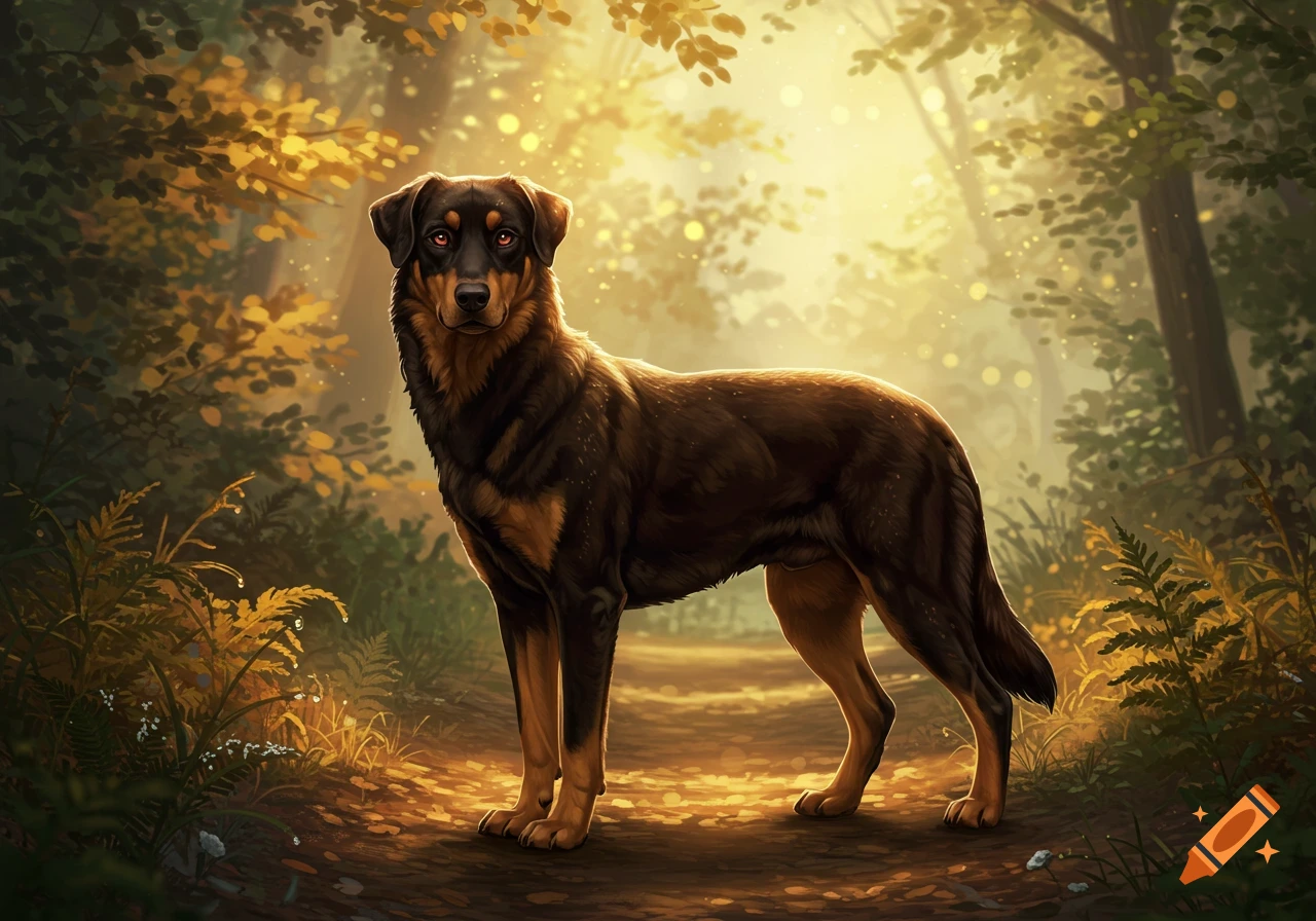A dark brown dog with tan markings stands on a sunlit forest path in a digital painting.