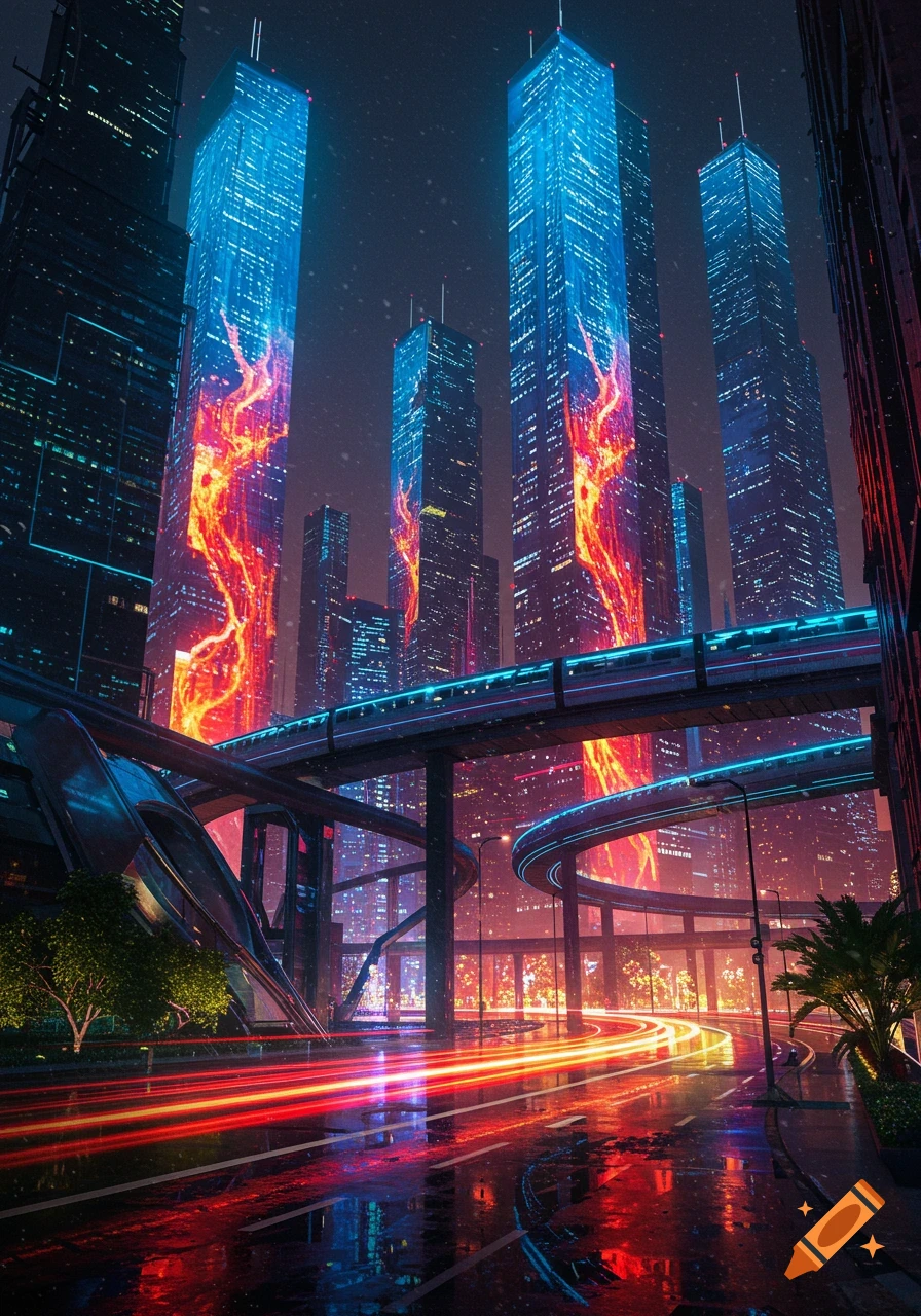 A vibrant, futuristic city at night with towering skyscrapers, an elevated blue-lit train, and streaking red light trails on wet streets.
