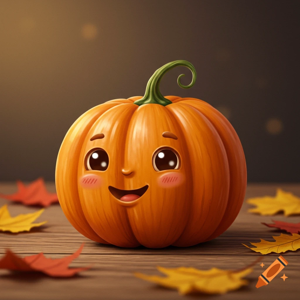 A cute, smiling cartoon pumpkin with rosy cheeks on a wooden table, surrounded by fall leaves.