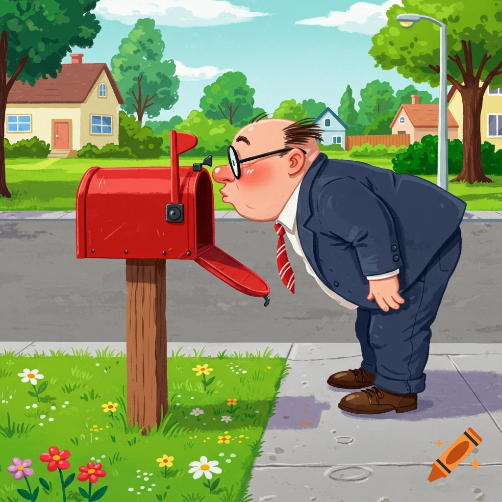 A humorous cartoon of an overweight man in a suit kissing a red mailbox on a suburban street with houses and green lawns.