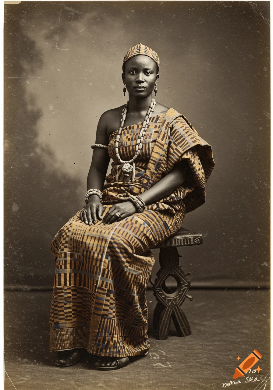 Vintage sepia portrait of a dignified African woman in traditional Akan attire with kente fabric and beaded jewelry, seated on a wooden stool.