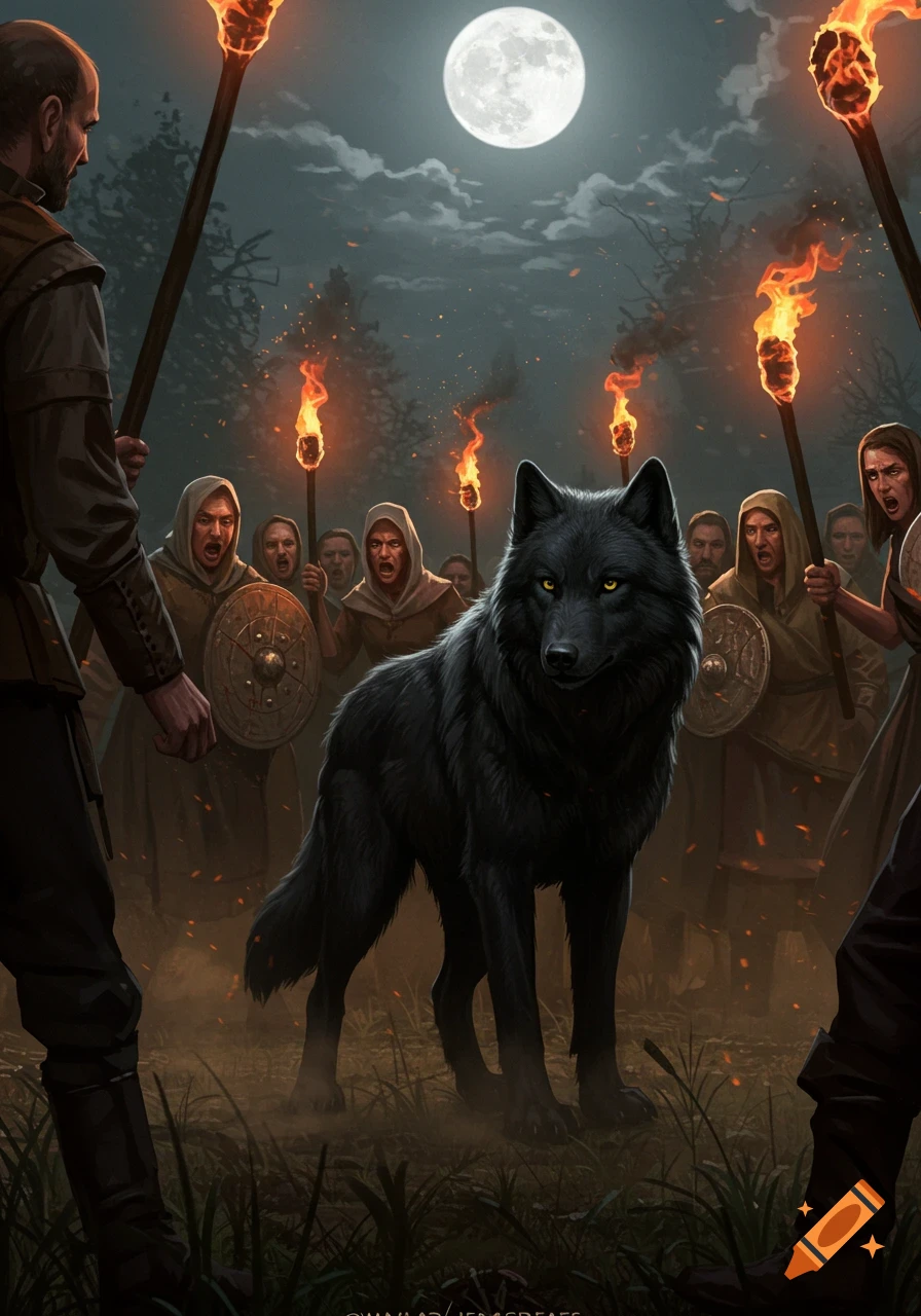 A black wolf stands defiantly against an angry mob with torches under a full moon in a dramatic digital art style.
