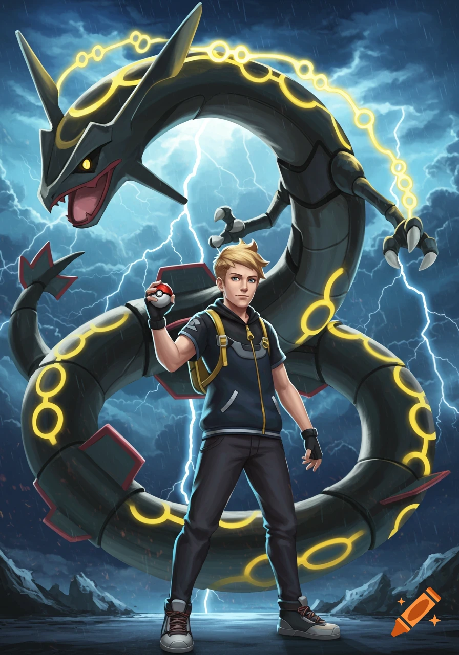 An illustration of a confident male Pok\u00e9mon trainer holding a Pok\u00e9 Ball, with a black and gold Rayquaza and stormy lightning behind him.