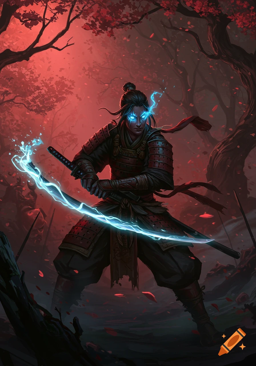 Fantasy illustration of a warrior with glowing blue eyes holding an electrified katana in a dark, red-toned forest.