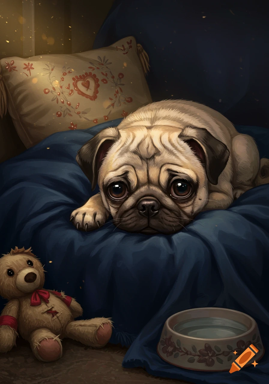 An illustration of a sad fawn pug with big, mournful eyes lying on a blue blanket next to a teddy bear and a water bowl.