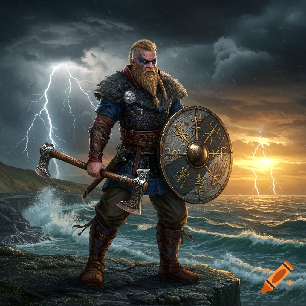 A powerful Viking warrior with a beard and braids, wearing armor, holds two axes and a round shield. He stands on a rocky cliff by a stormy sea with lightning. The sky is dark on one side and a dramatic sunset on the other.