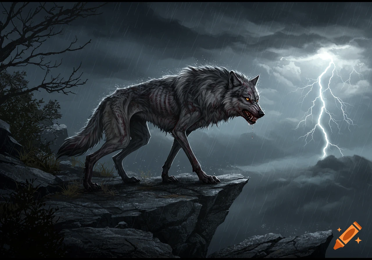 A gaunt, snarling wolf with glowing eyes stands on a stormy cliff as lightning strikes in the background. Digital painting.