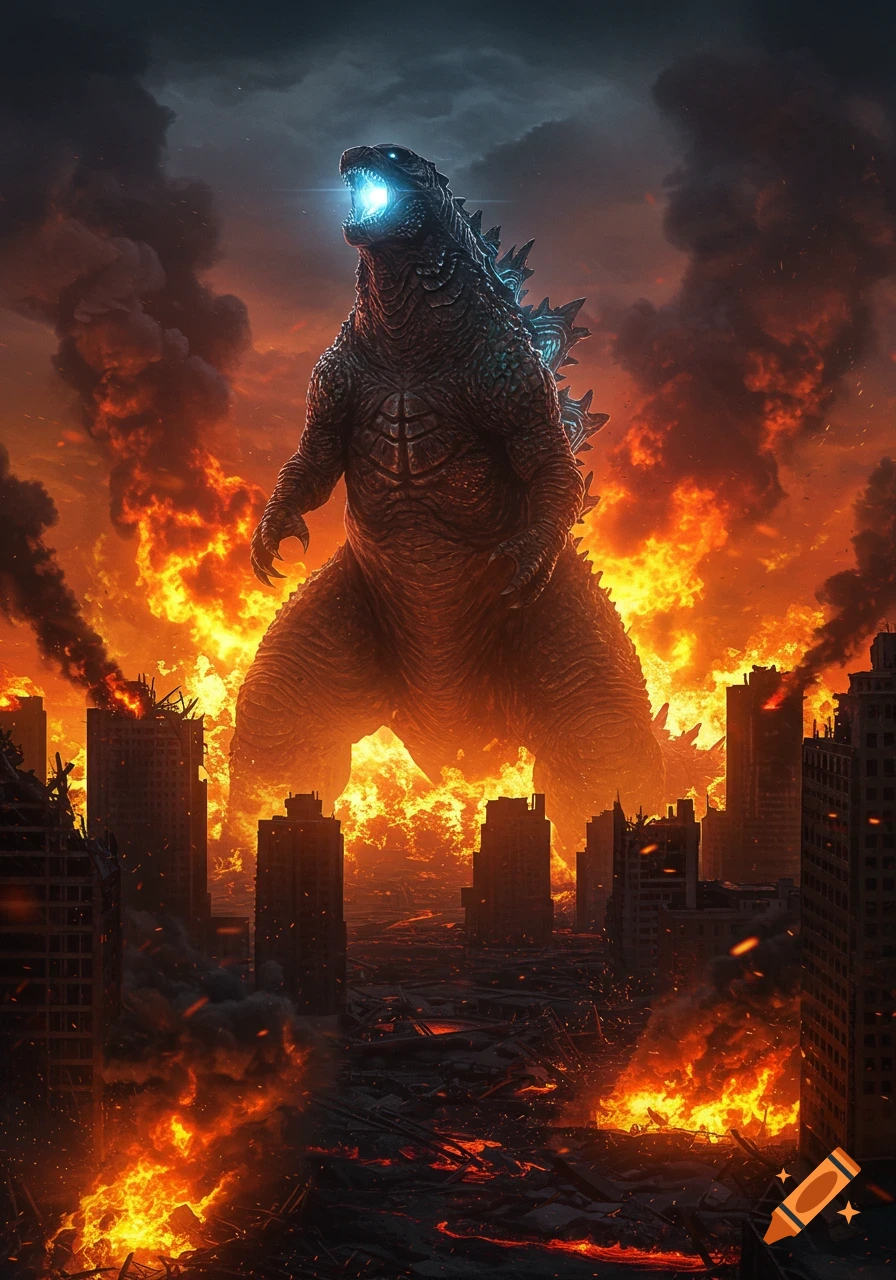 Godzilla roaring with glowing mouth in a destroyed, burning city.