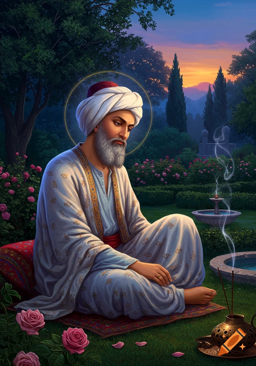 A bearded man in a white turban and robes with a halo sits cross-legged in a lush garden with roses and burning incense at sunset.