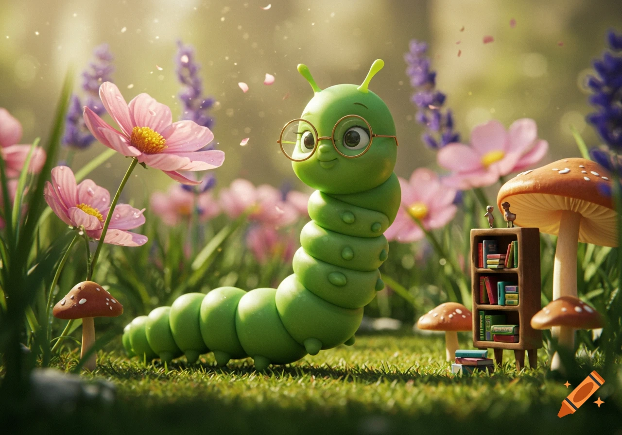 A cute green caterpillar with round glasses smiles in a sunny garden with pink flowers, mushrooms, and a tiny bookshelf.