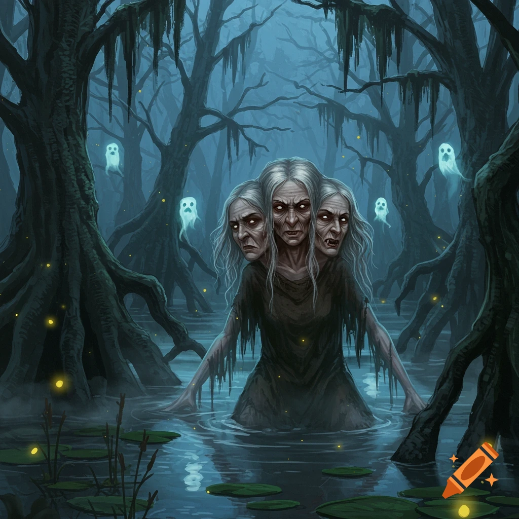 A horrifying three-headed swamp hag stands in murky water within a dark, eerie swamp with gnarled trees and glowing ghosts.