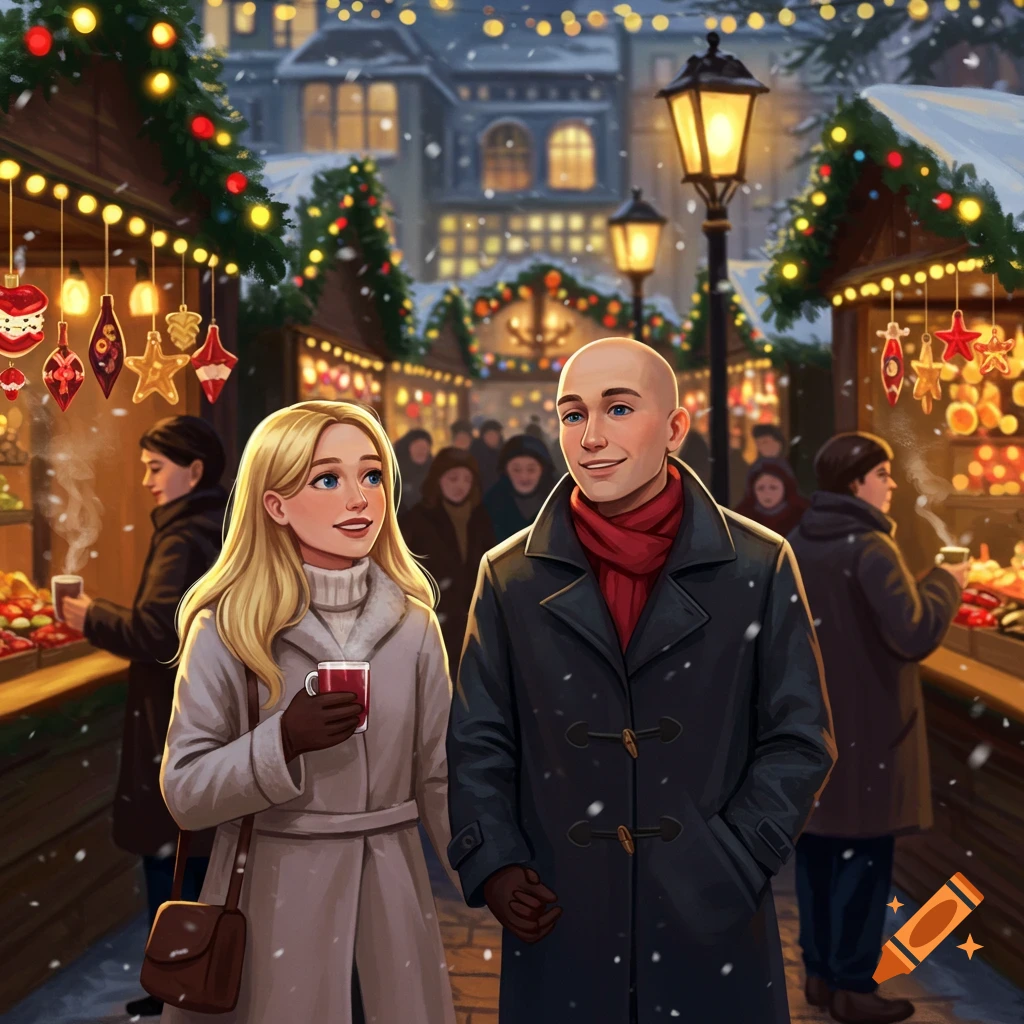 A blonde woman and a bald man walk through a snowy, festive Christmas market at night, decorated with lights and ornaments. Digital illustration.