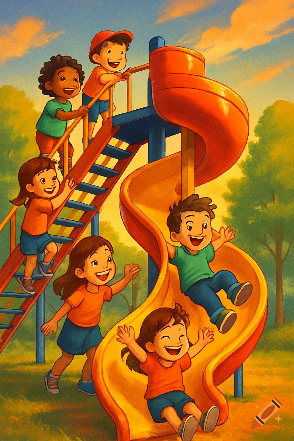 Happy children playing on a colorful playground slide under a sunny sky, in a vibrant cartoon illustration style.