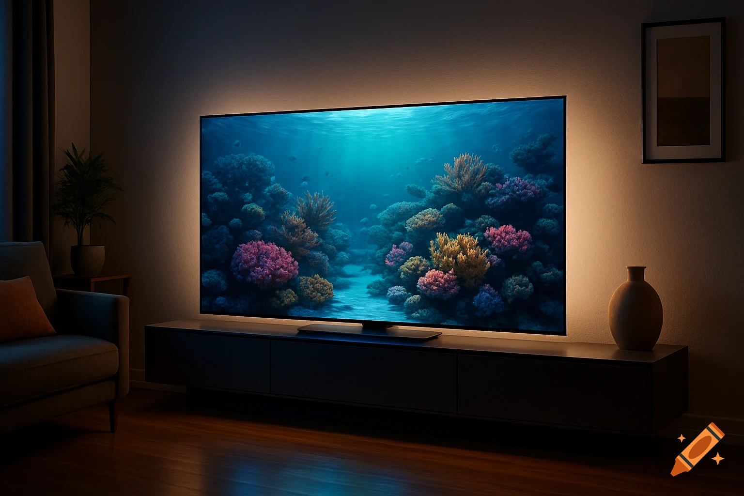 A large TV displaying a vibrant underwater coral reef scene, back-lit and illuminating a dark, modern living room.