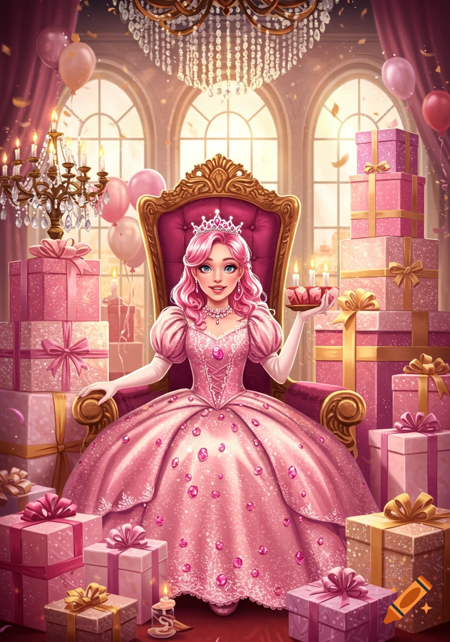 A pink-haired princess in a sparkly pink gown sits on a golden throne, surrounded by many wrapped birthday gifts in a grand room.