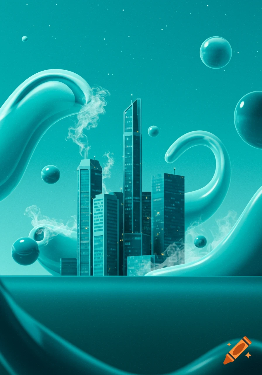 Modern teal city skyline with tall buildings, smoke, glowing bubbles, and flowing abstract shapes under a starry sky.