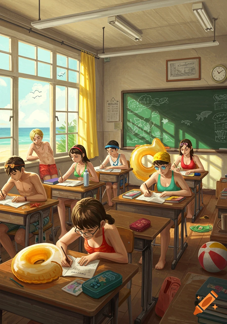 An anime-style illustration of students in swimwear writing at desks in a sunny classroom, with a beach visible outside the window.