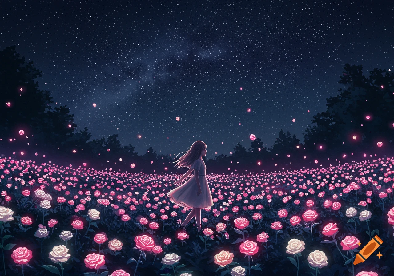An anime girl walks through a vibrant night garden filled with glowing pink and white roses under a starry sky.