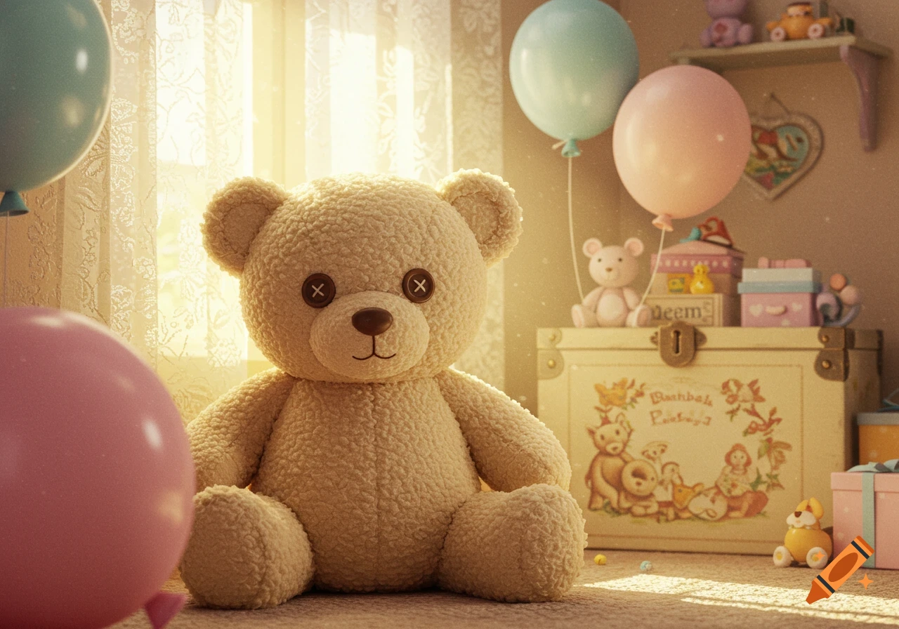 A large fluffy teddy bear sits on the floor in a sunlit nursery, surrounded by balloons, other toys, and a decorated wooden chest.