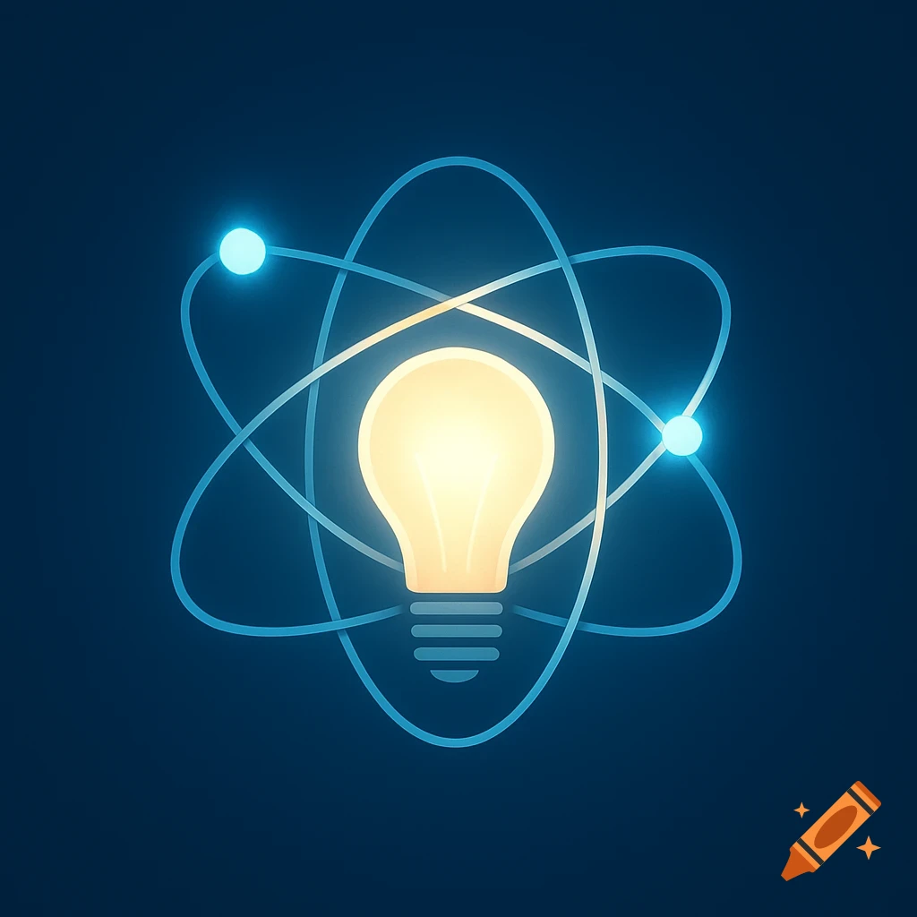 A glowing lightbulb in the center, orbited by three light blue electron paths with spheres, on a dark blue background. Logo style.