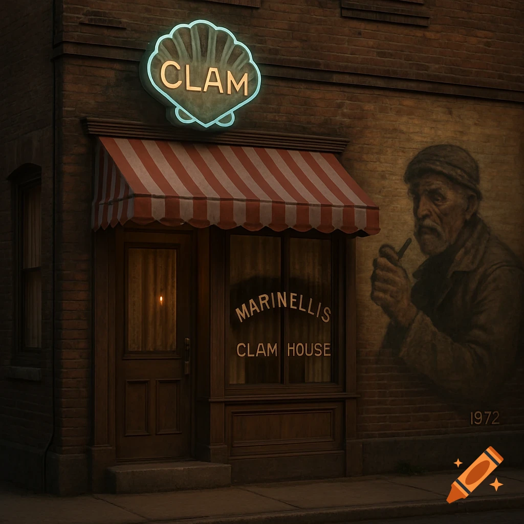 A 3D render of Marinelli's Clam House, a 1972 family restaurant with a neon clam sign, striped awning, and fisherman mural.