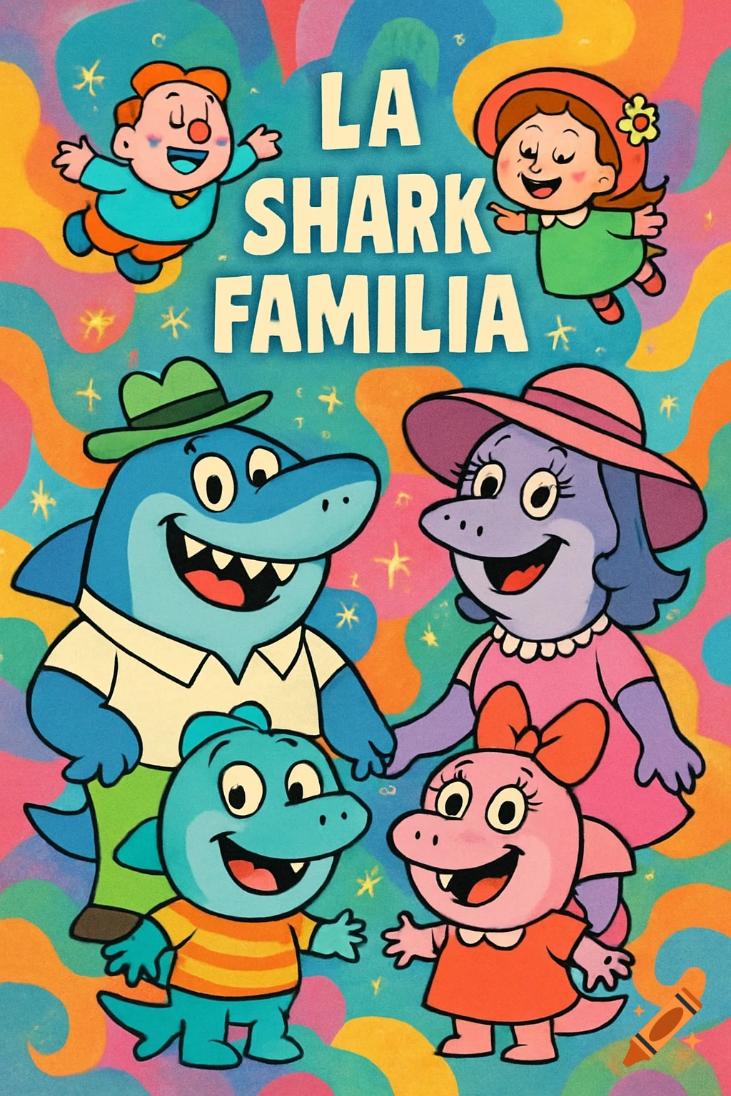 Cartoon shark family with two human children on a colorful, wavy background, with the text 'LA SHARK FAMILIA'.