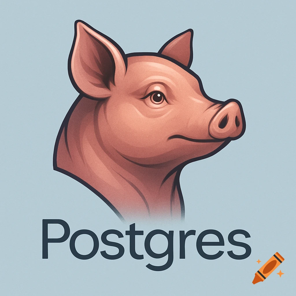 Stylized illustration of a pig's head looking to the right, with the word Postgres in dark gray text below it, all on a light blue background.