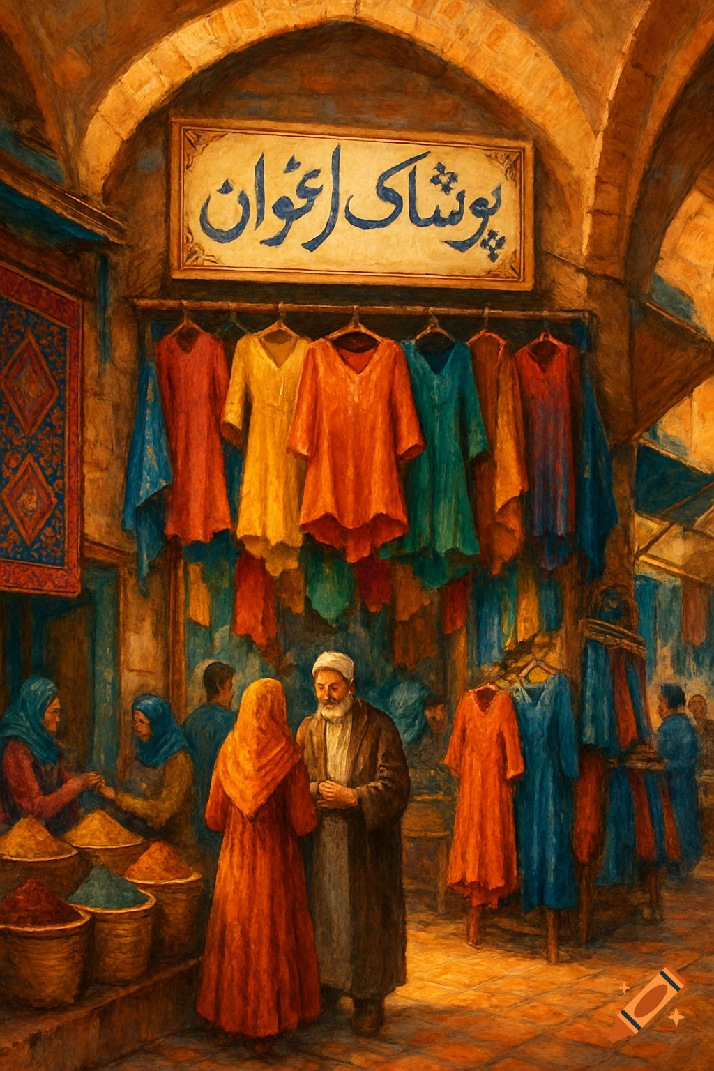 Painterly scene of a bustling Middle Eastern bazaar with colorful clothing and spice stalls under an archway, people in traditional attire.