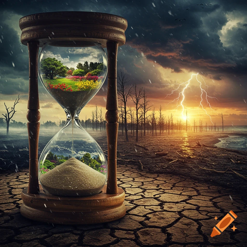 A surreal hourglass with lush landscapes inside, contrasted by cracked earth, dead trees, and a stormy sky with lightning outside, symbolizing climate change.