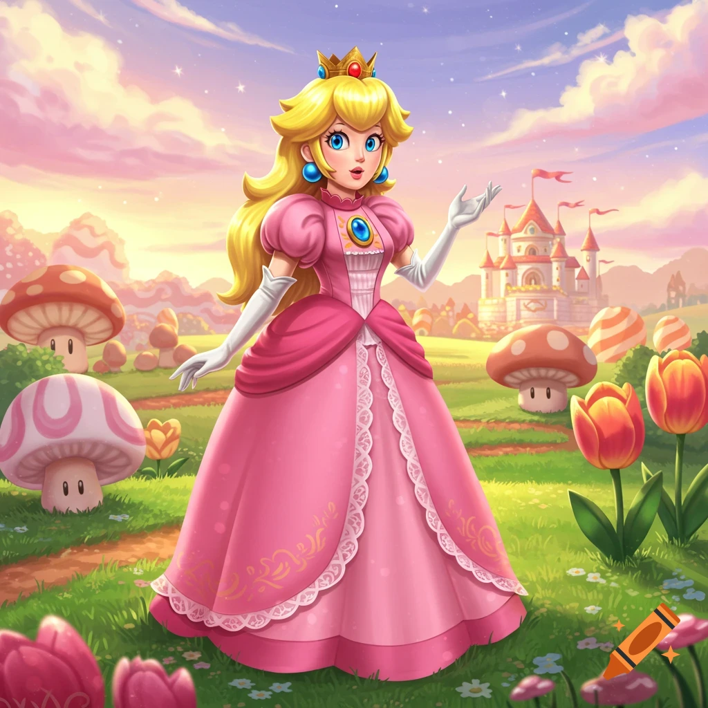 Cartoon Princess Peach in a pink dress, standing in a vibrant fantasy field with mushrooms, tulips, and a castle under a pink sky.