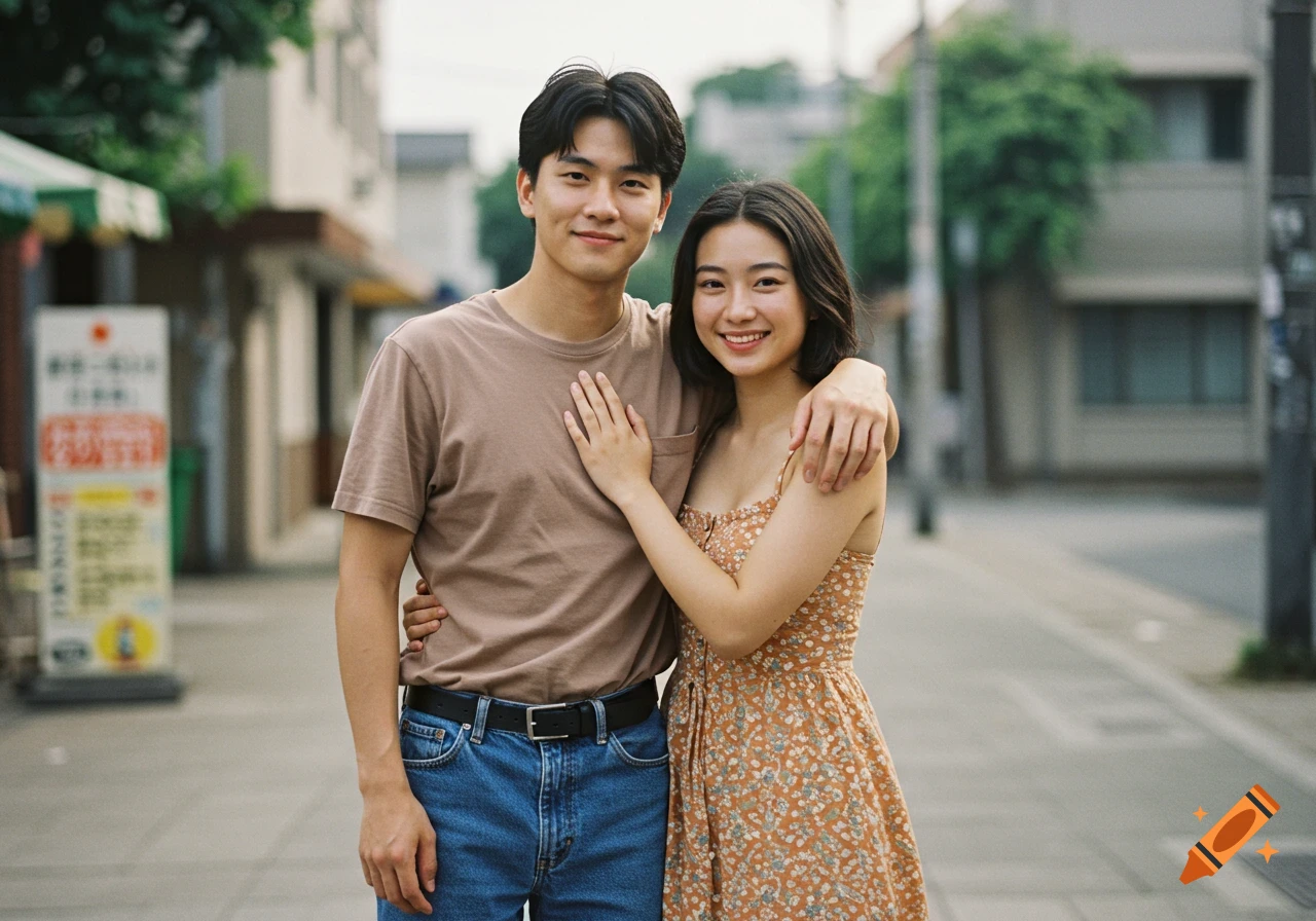 A smiling East Asian couple hugging on a city street, photorealistic.
