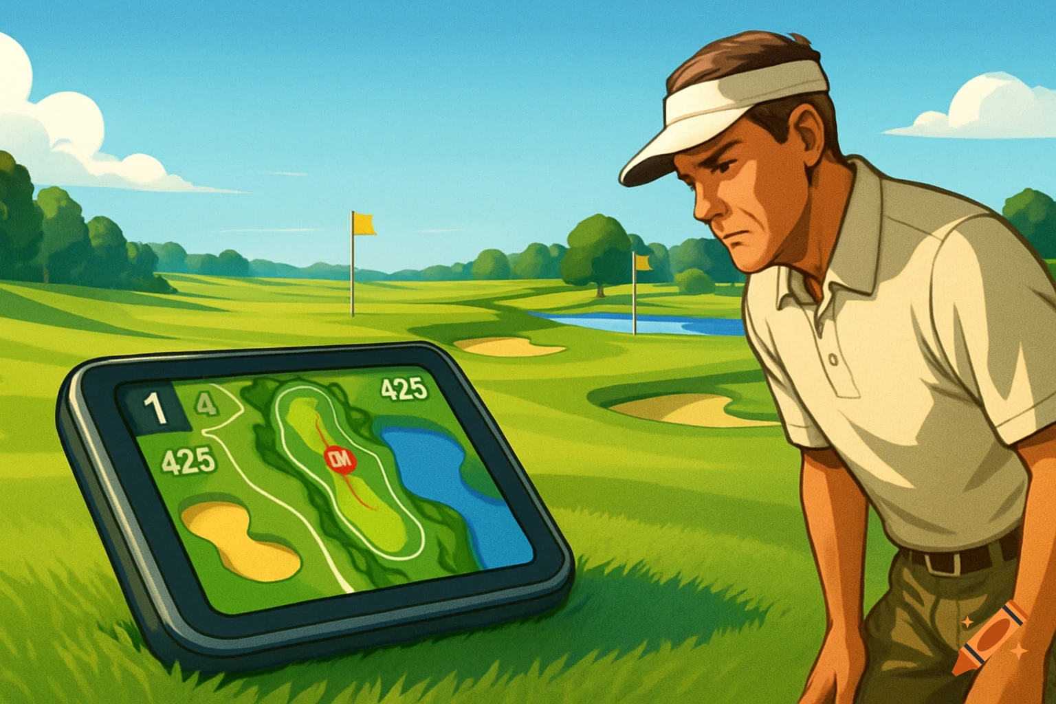 A cartoon illustration of a golfer on a course, looking down at a GPS golf navigation device displaying a course map and numbers.