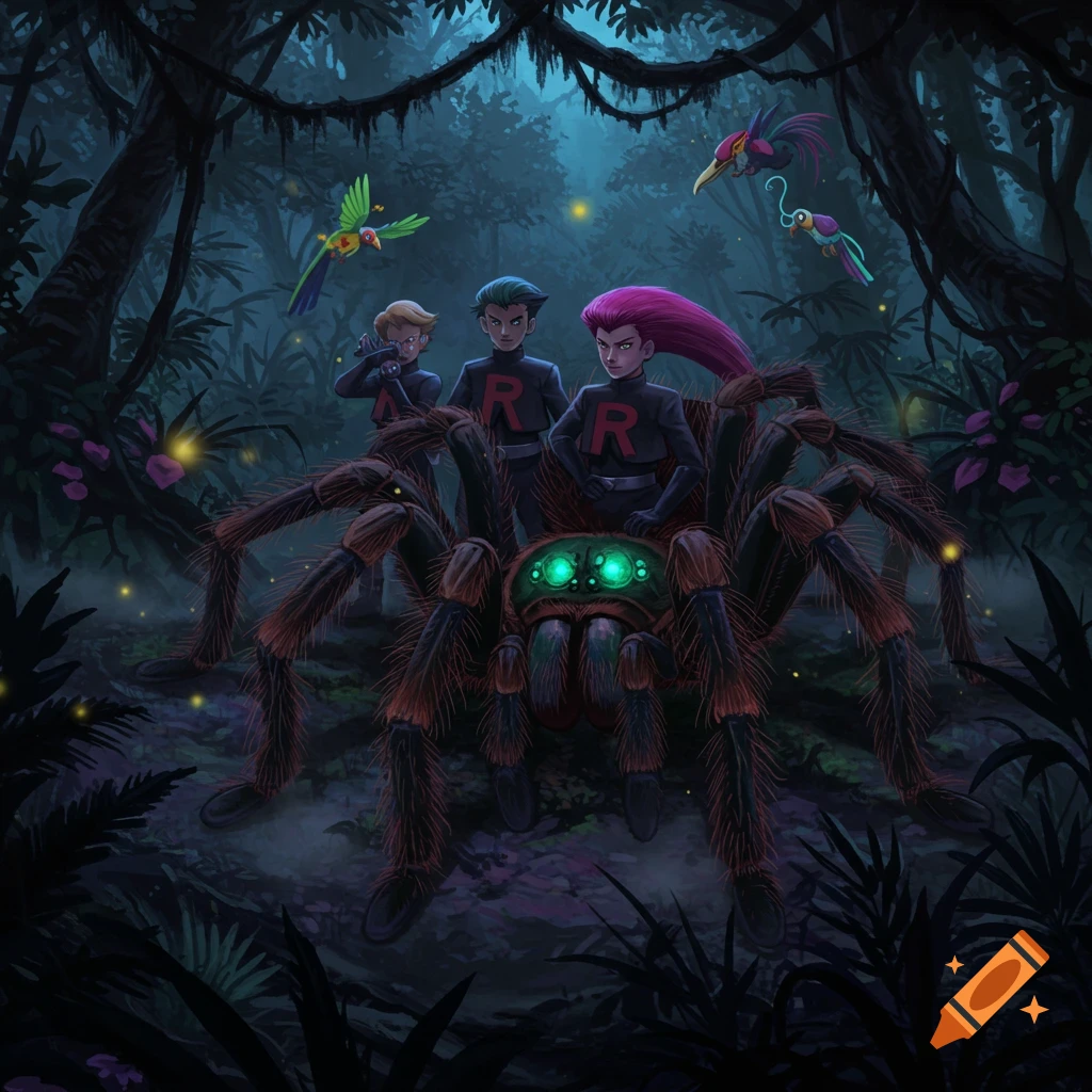 Team Rocket members Jessie, James, and another in a dark jungle, one riding a giant tarantula with glowing green eyes. Anime art style.
