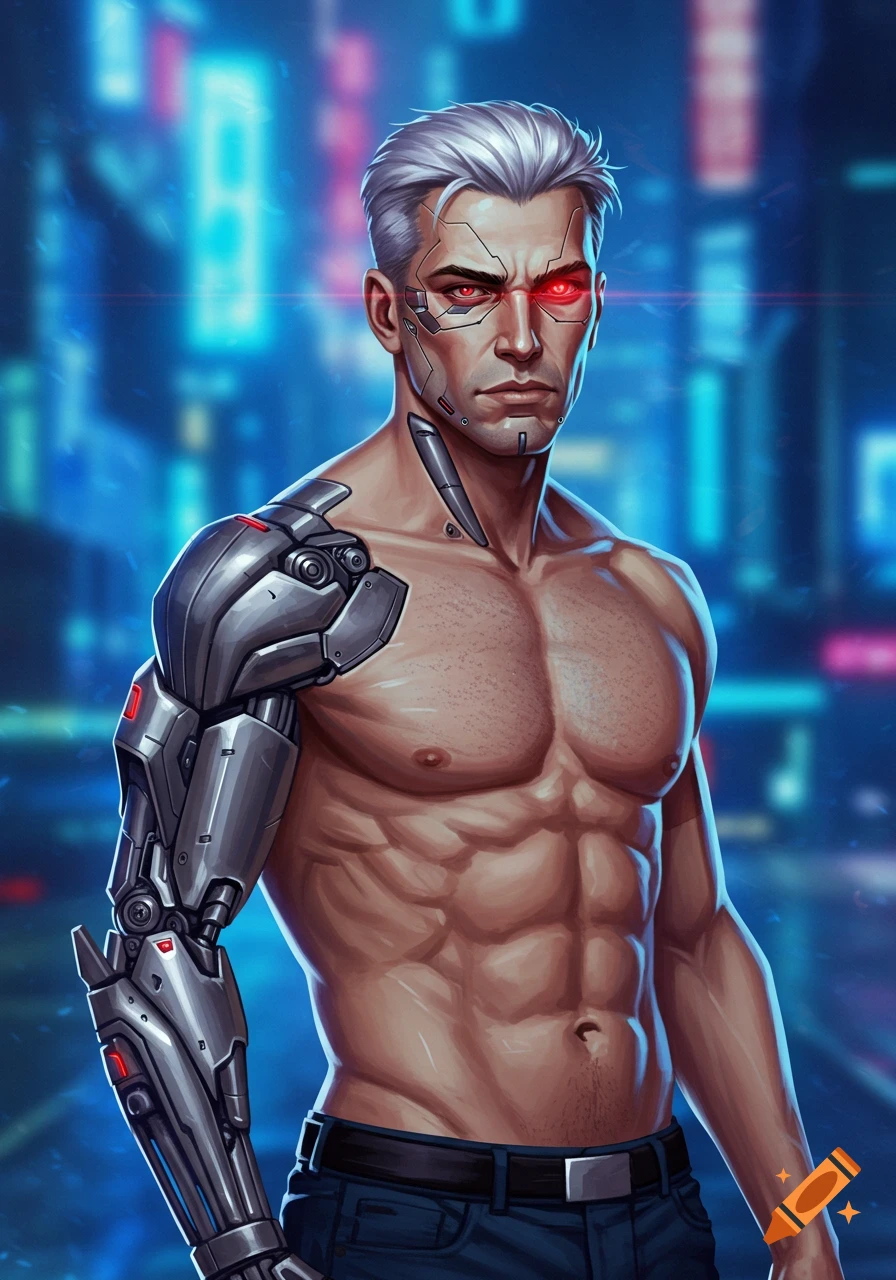 An illustration of a muscular man with silver hair, a cybernetic arm, and glowing red eyes in a cyberpunk city.