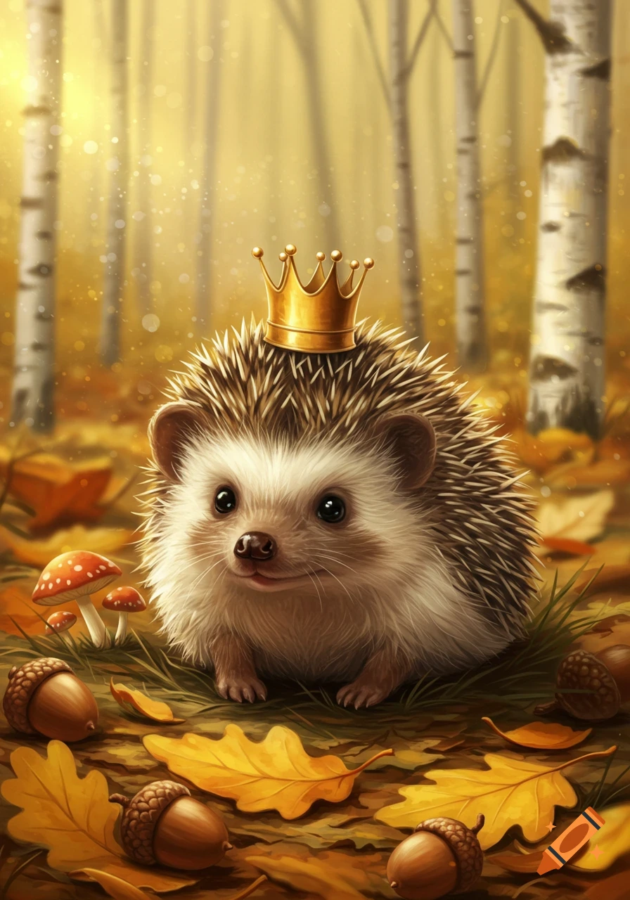 A cute hedgehog with a golden crown sits in a vibrant autumn forest among leaves, mushrooms, and acorns. Stylized illustration.
