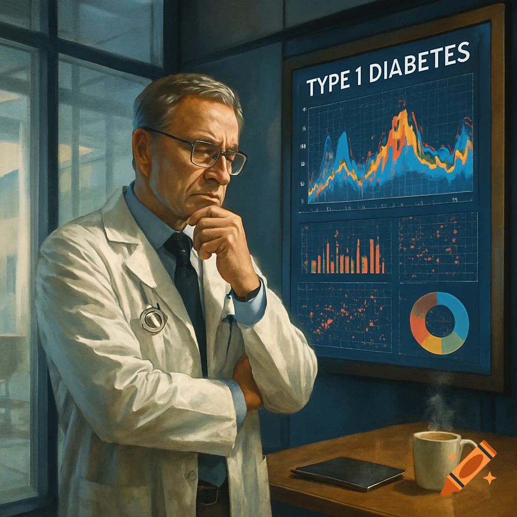 A perplexed doctor in a lab coat examines a screen showing Type 1 Diabetes data charts. Photorealistic.