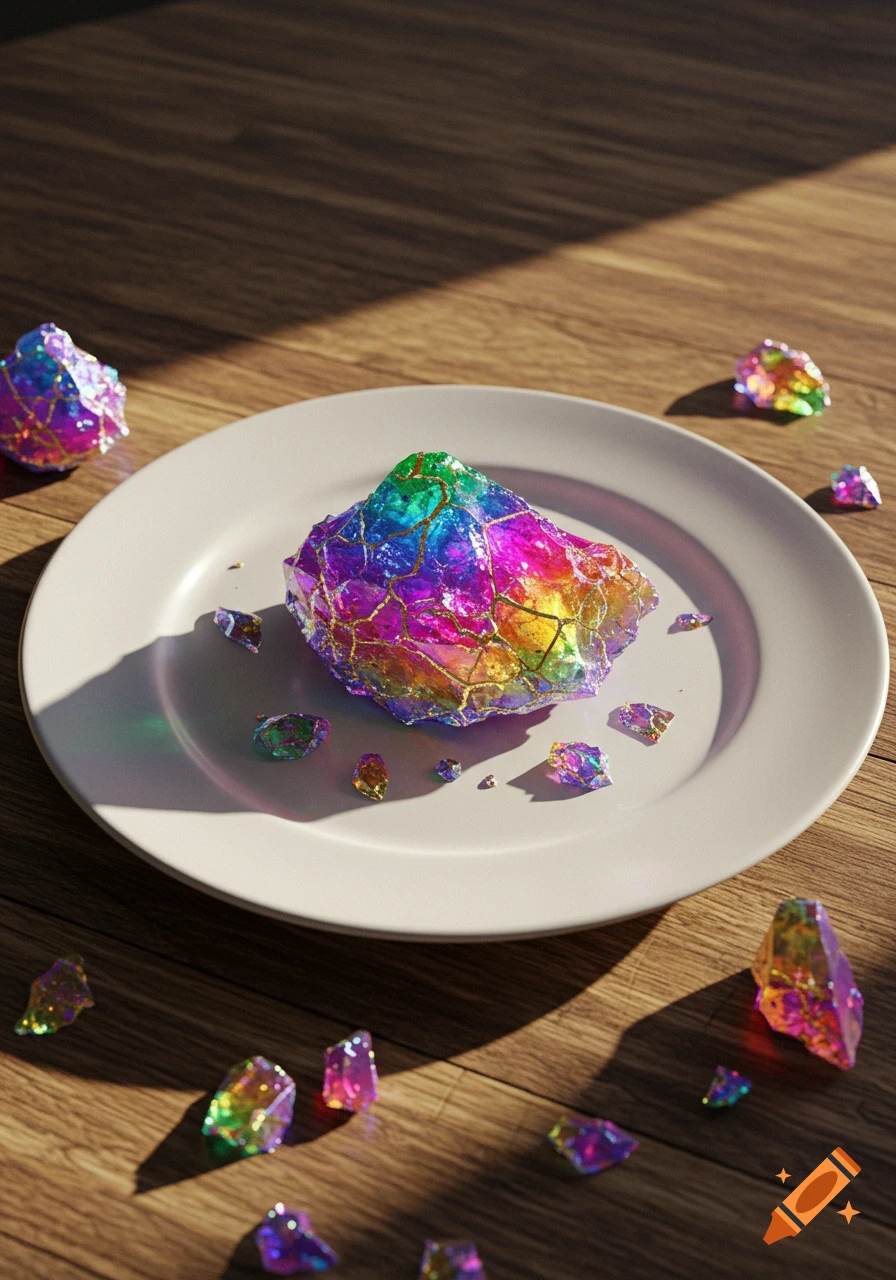 A large, iridescent, rainbow-colored crystal sits on a white plate, surrounded by smaller crystal shards, all on a wooden table. Photorealistic style.
