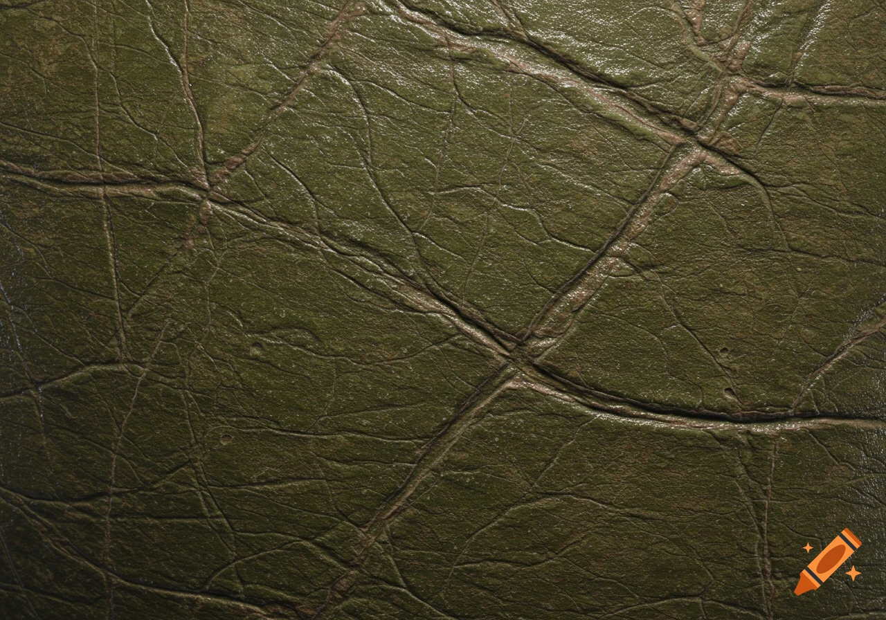 Close-up of old, wrinkled, dark greenish leather skin texture with prominent creases.
