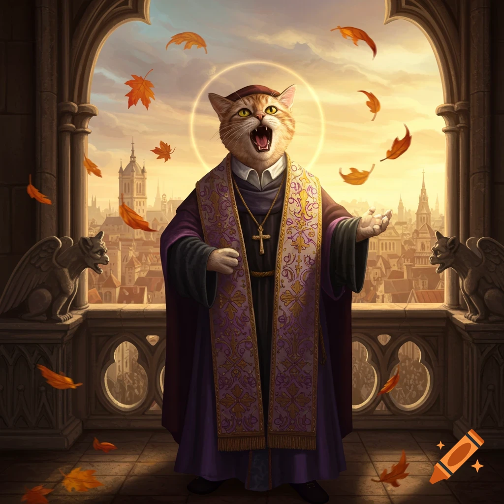 A screaming anthropomorphic cat dressed as a priest with a halo stands on a gothic balcony overlooking an autumn city at sunset.