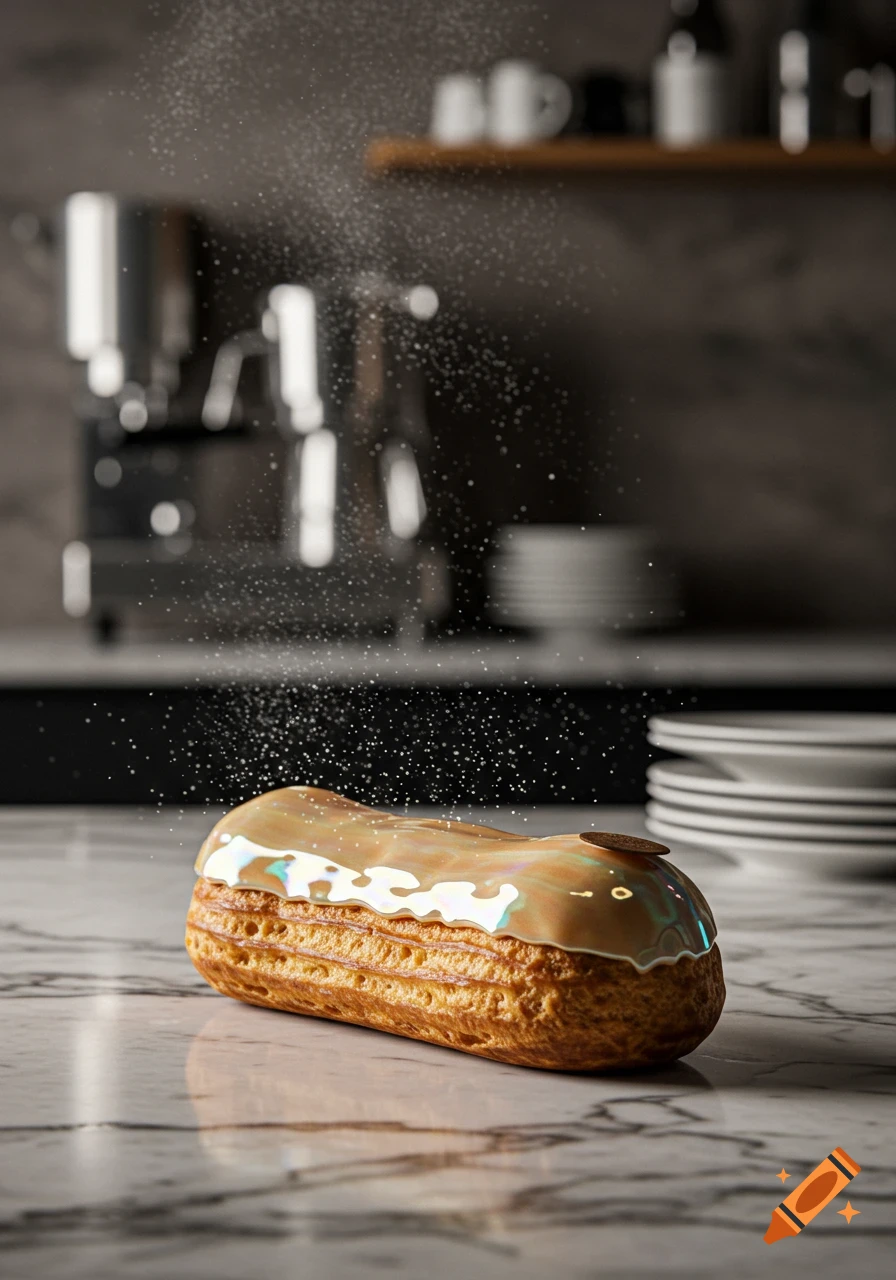 Photorealistic eclair with a pearlescent glaze, being sprinkled with sugar on a marble countertop in a blurred kitchen.